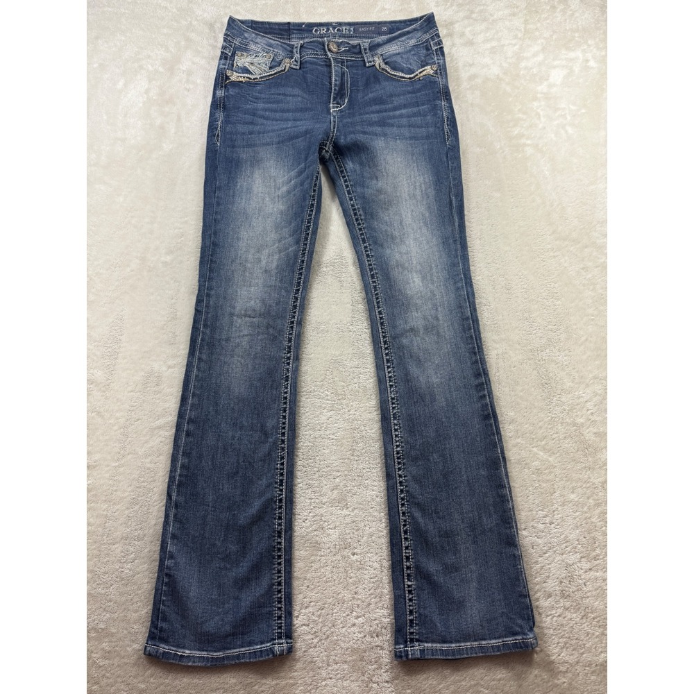 Grace in LA Womens Bootcut Easy Fit Embroidered Flap Pocket Jeans 28 Meas: 30x32